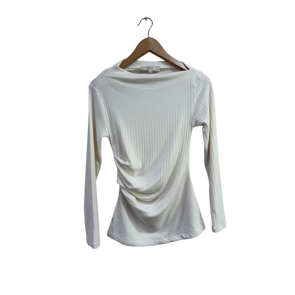 Loft Ribbed Boat Neck Long Sleeve Top Cream Ivory Side Ruched Petite Small SP